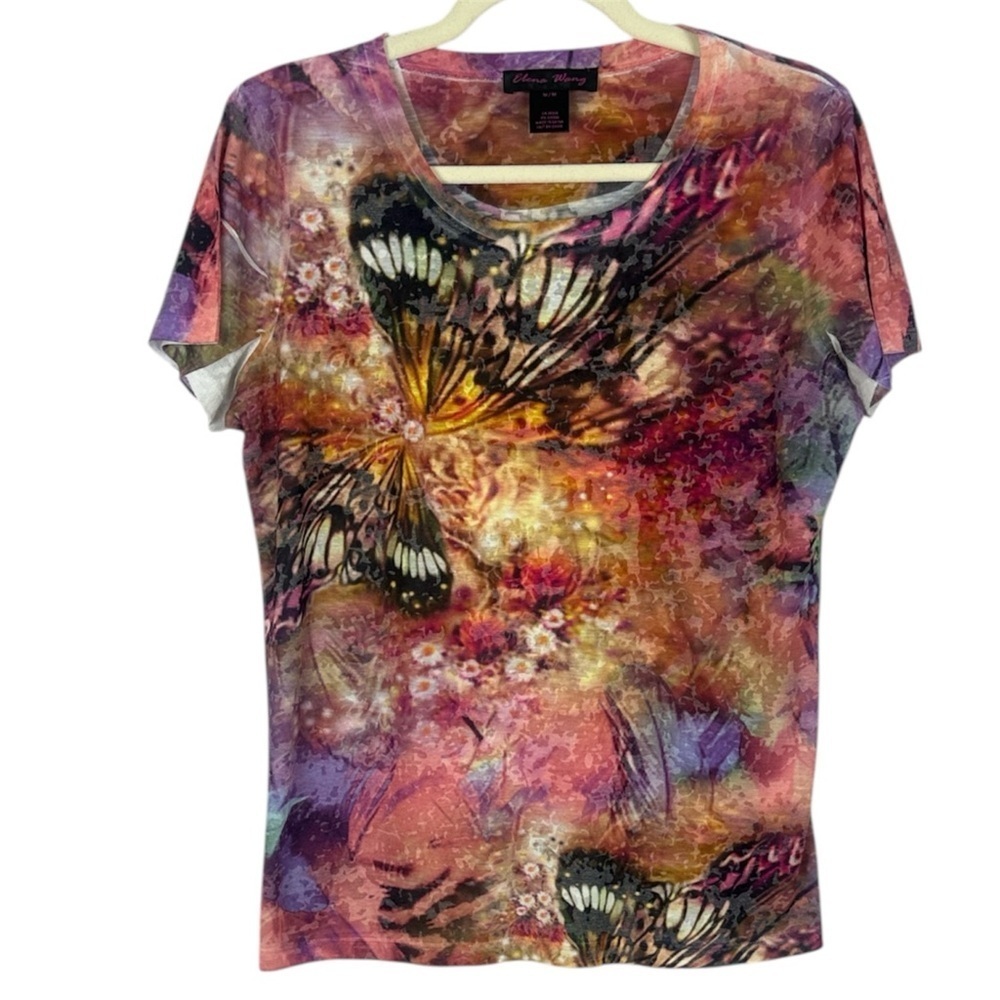 Elena Wang Vibrant Tie Dye Butterfly Print Semi Sheer Short Sleeve Tee Size M